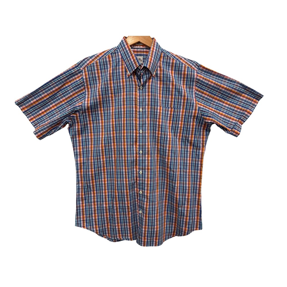 Peter Millar Mens Large Blue Orange Plaid Short Sleeve Button Down Cotton Shirt